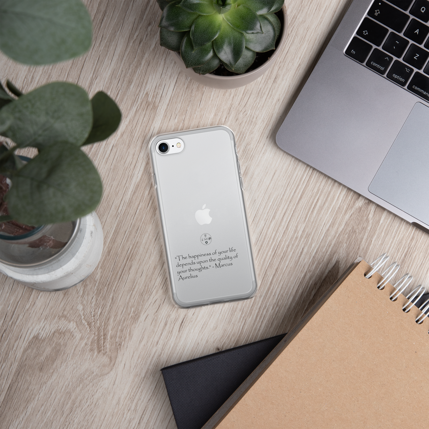 "The Happiness of Your Life Depends Upon the Quality of Your Thoughts" Marcus Aurelius iPhone® Clear Case | Stoic Philosophy Phone Protection