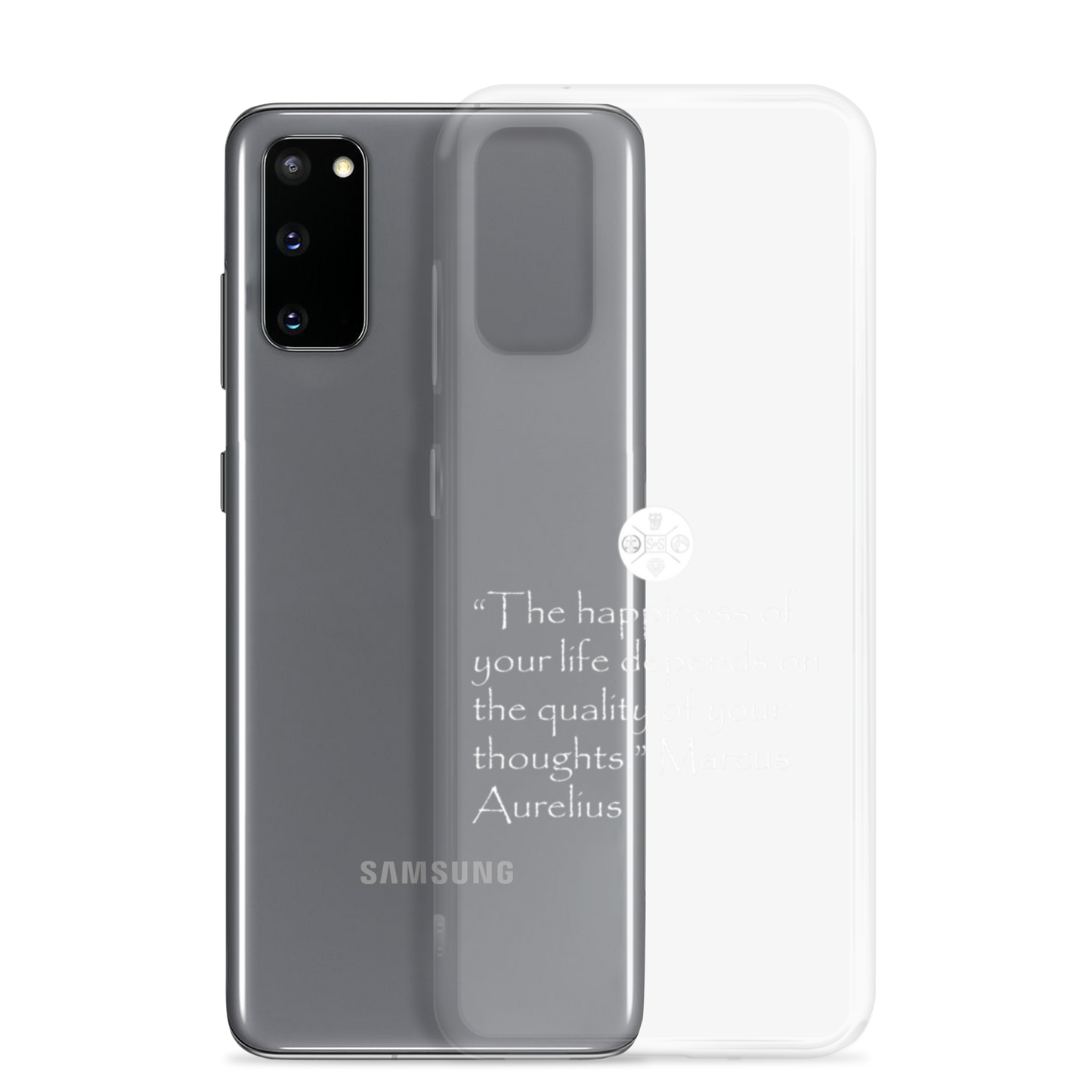 "The Happiness of Your Life Depends Upon the Quality of Your Thoughts" Marcus Aurelius Samsung® Clear Case | Stoic Philosophy Phone Protection