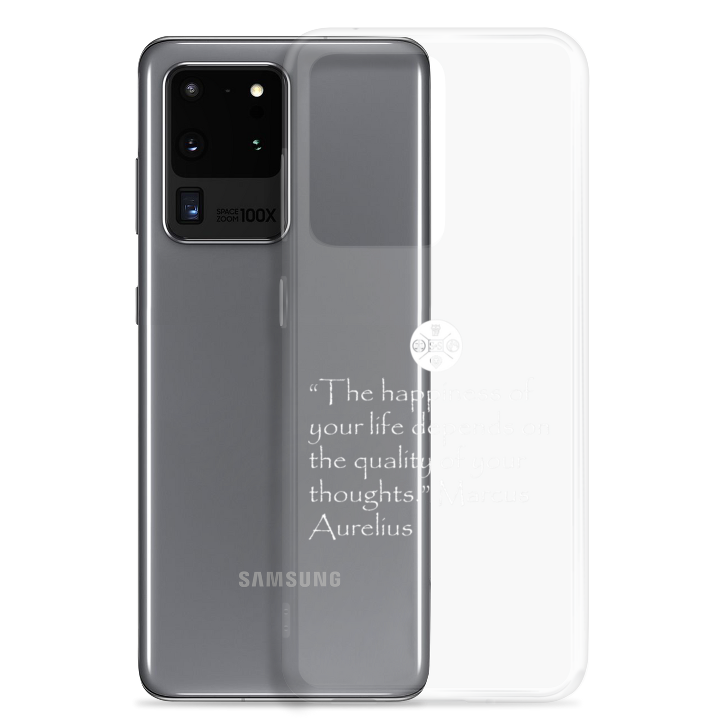 "The Happiness of Your Life Depends Upon the Quality of Your Thoughts" Marcus Aurelius Samsung® Clear Case | Stoic Philosophy Phone Protection