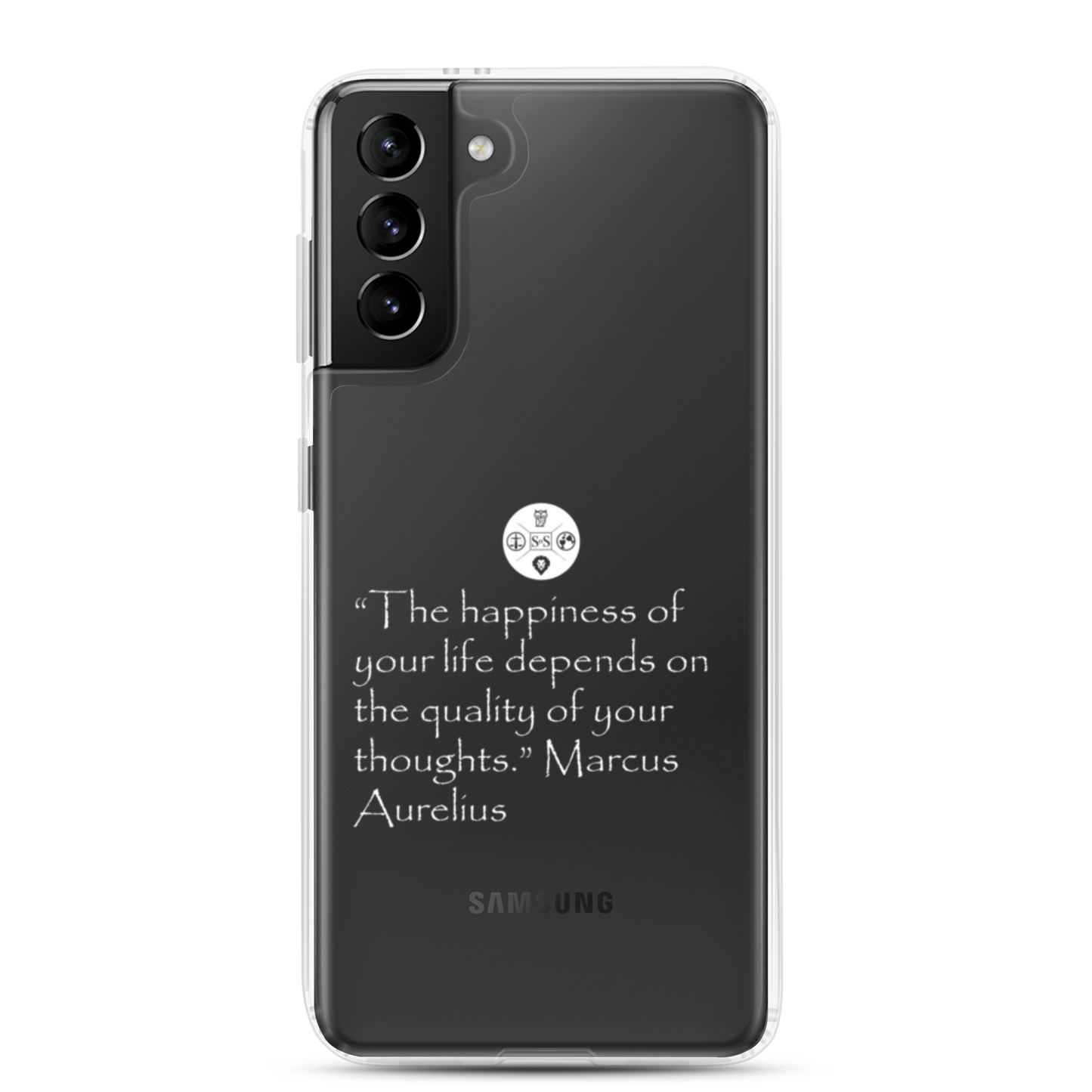 "The Happiness of Your Life Depends Upon the Quality of Your Thoughts" Marcus Aurelius Samsung® Clear Case | Stoic Philosophy Phone Protection