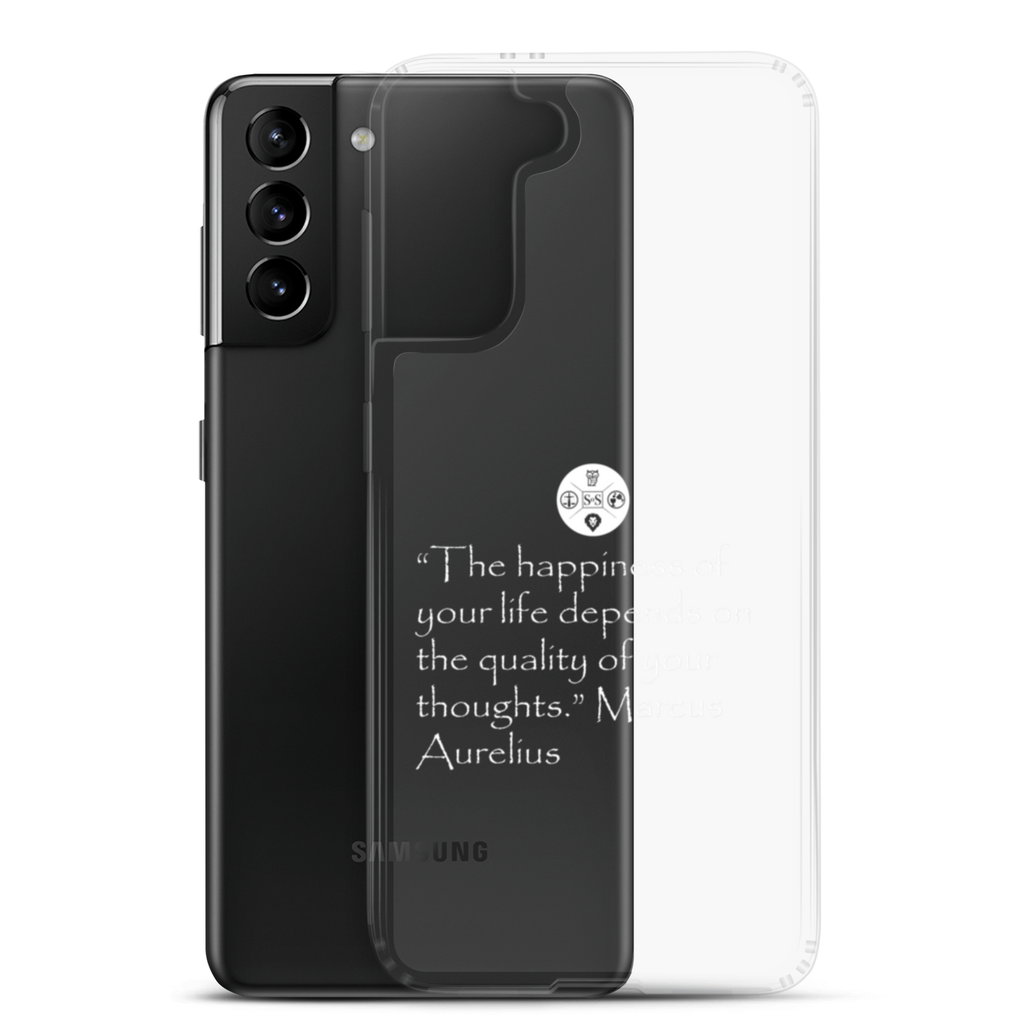 "The Happiness of Your Life Depends Upon the Quality of Your Thoughts" Marcus Aurelius Samsung® Clear Case | Stoic Philosophy Phone Protection