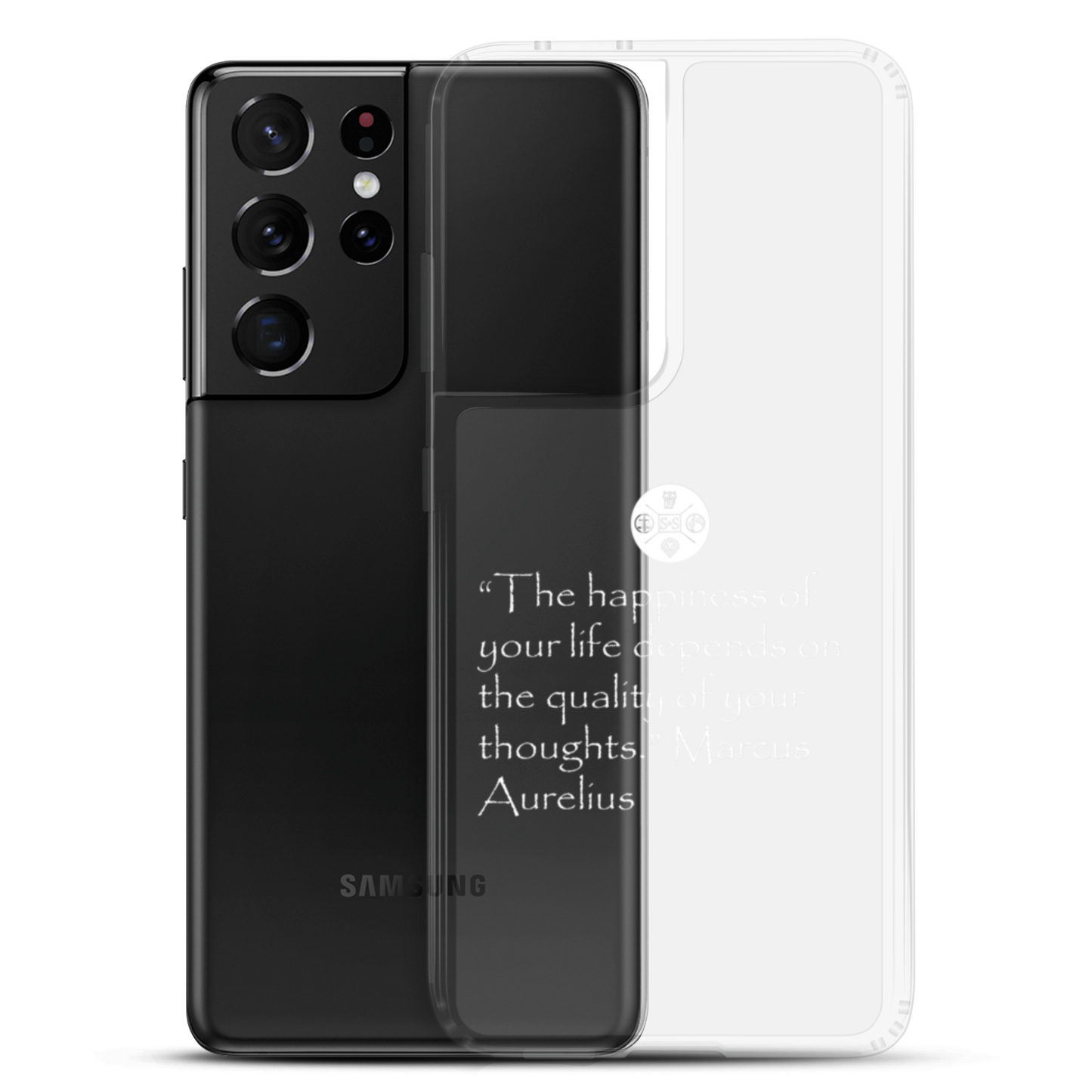 "The Happiness of Your Life Depends Upon the Quality of Your Thoughts" Marcus Aurelius Samsung® Clear Case | Stoic Philosophy Phone Protection