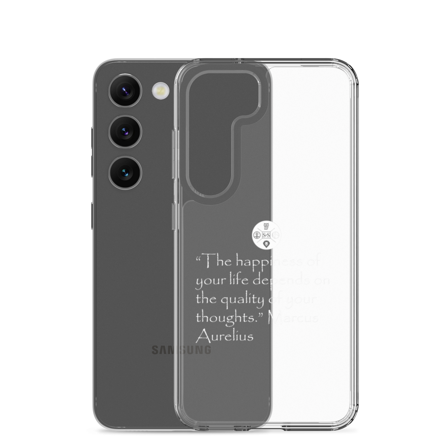 "The Happiness of Your Life Depends Upon the Quality of Your Thoughts" Marcus Aurelius Samsung® Clear Case | Stoic Philosophy Phone Protection