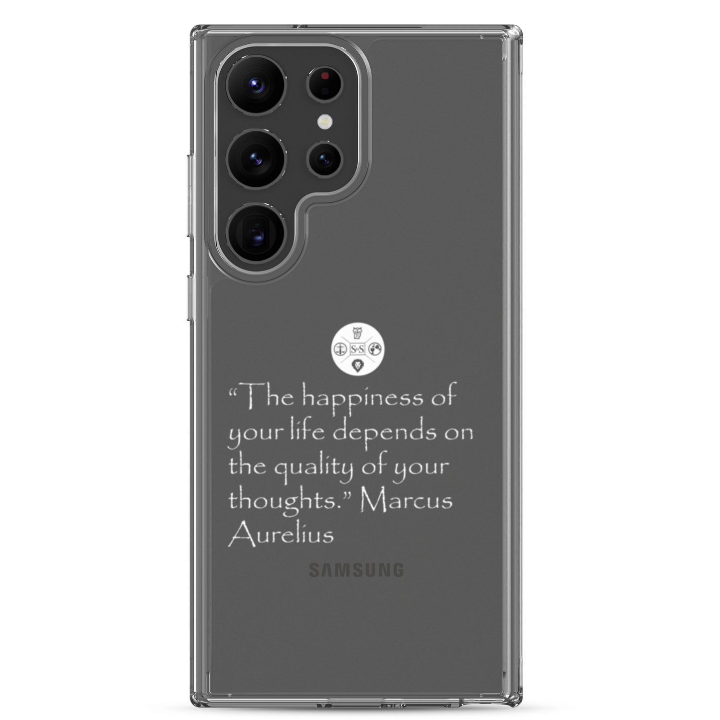 "The Happiness of Your Life Depends Upon the Quality of Your Thoughts" Marcus Aurelius Samsung® Clear Case | Stoic Philosophy Phone Protection