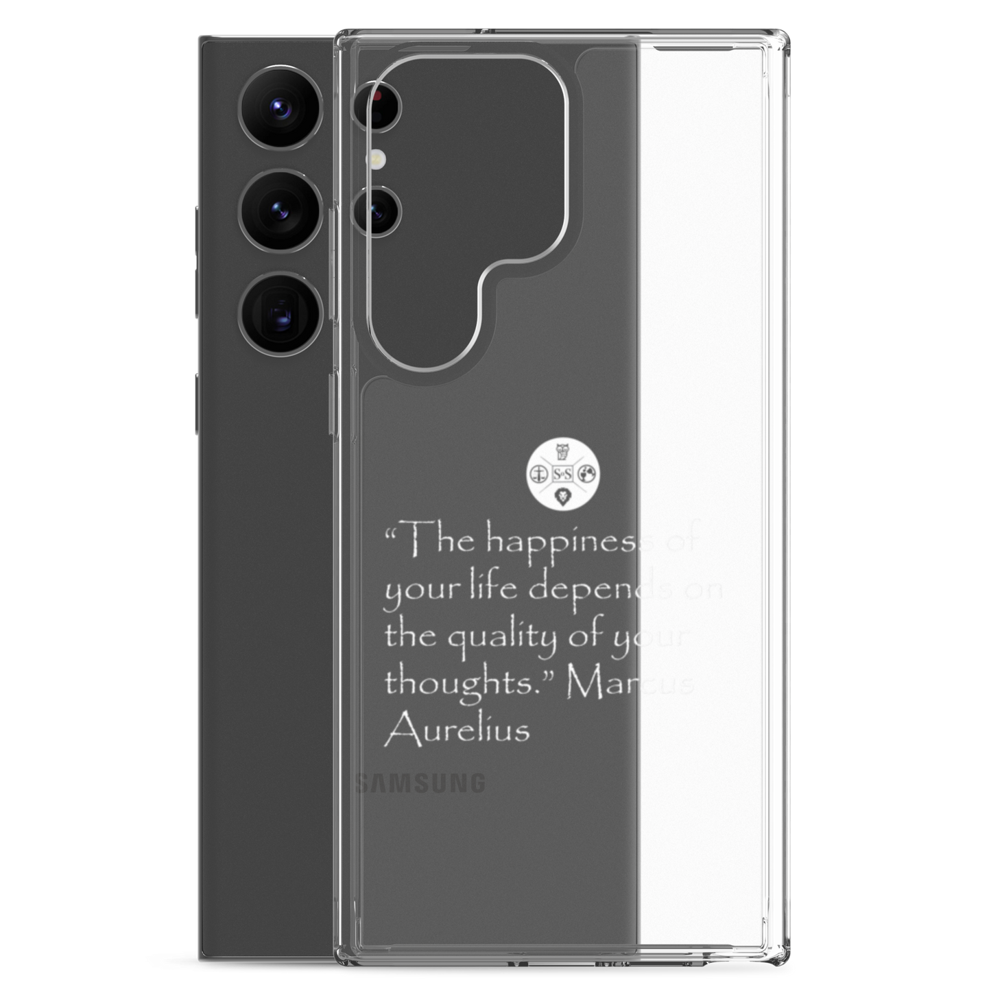 "The Happiness of Your Life Depends Upon the Quality of Your Thoughts" Marcus Aurelius Samsung® Clear Case | Stoic Philosophy Phone Protection