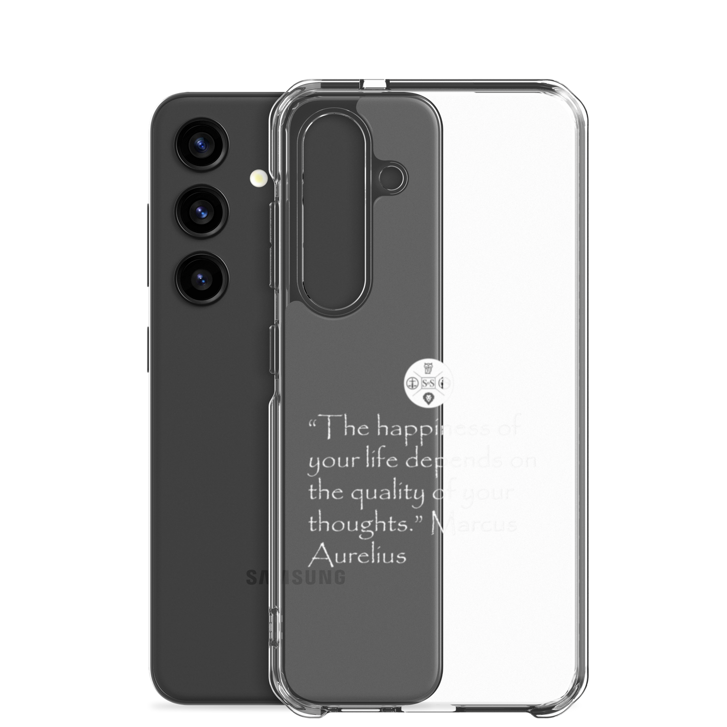 "The Happiness of Your Life Depends Upon the Quality of Your Thoughts" Marcus Aurelius Samsung® Clear Case | Stoic Philosophy Phone Protection