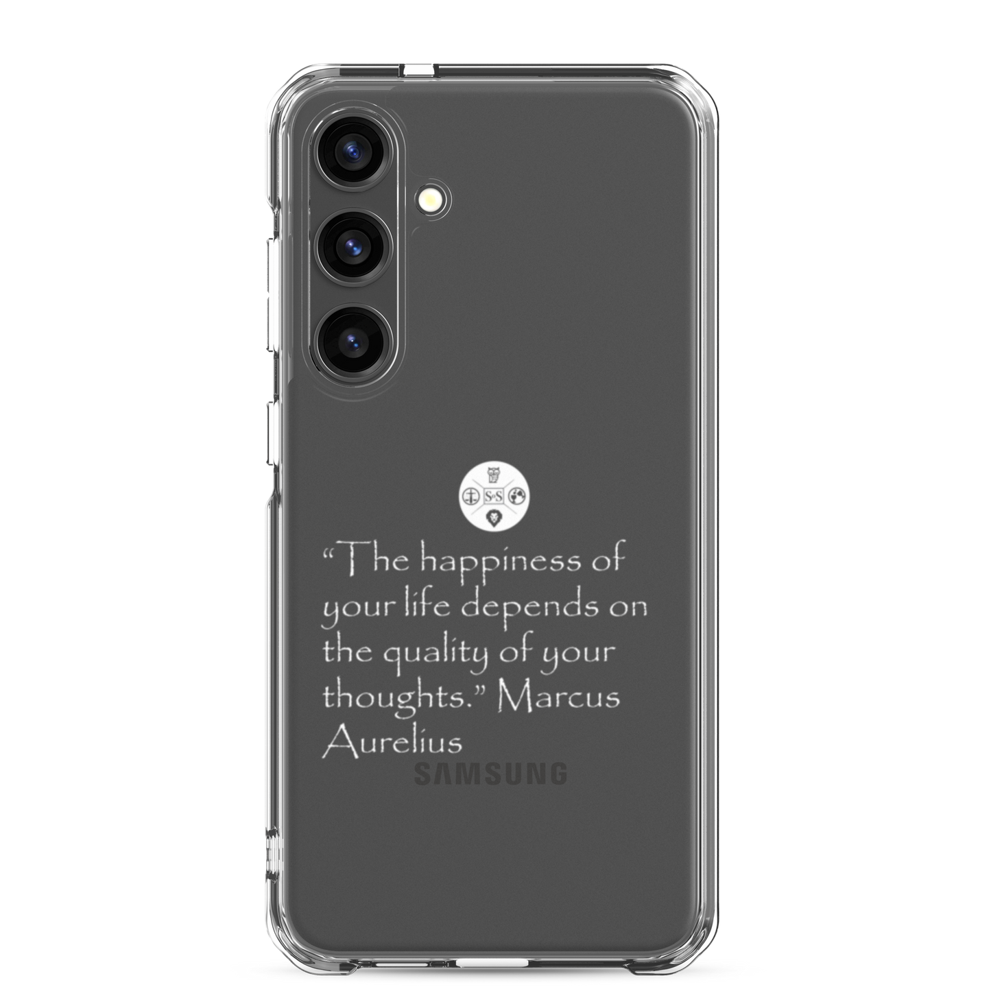 "The Happiness of Your Life Depends Upon the Quality of Your Thoughts" Marcus Aurelius Samsung® Clear Case | Stoic Philosophy Phone Protection