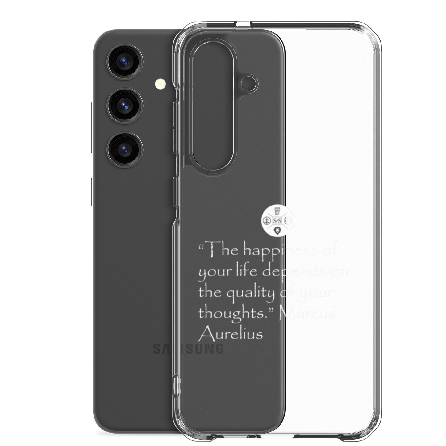 "The Happiness of Your Life Depends Upon the Quality of Your Thoughts" Marcus Aurelius Samsung® Clear Case | Stoic Philosophy Phone Protection