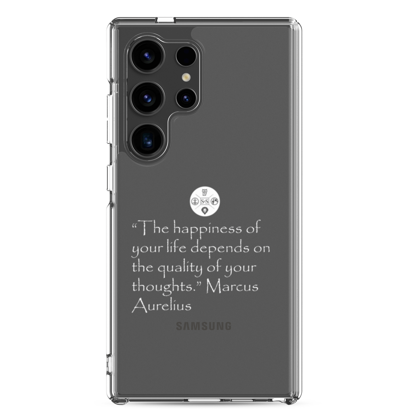 "The Happiness of Your Life Depends Upon the Quality of Your Thoughts" Marcus Aurelius Samsung® Clear Case | Stoic Philosophy Phone Protection