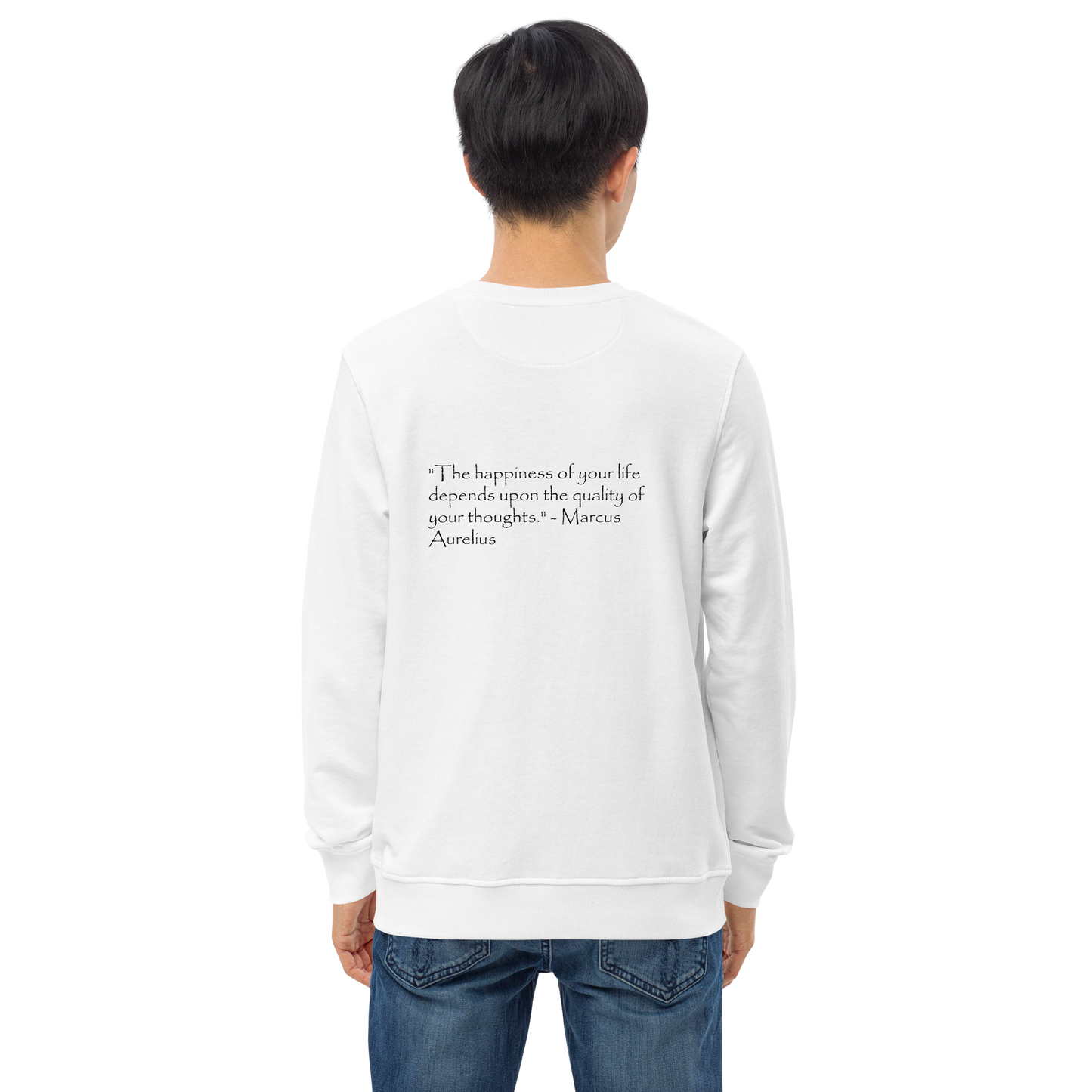White "The Happiness of Your Life Depends Upon the Quality of Your Thoughts" Aurelius Unisex Long-Sleeve | Stoic Philosophy Apparel