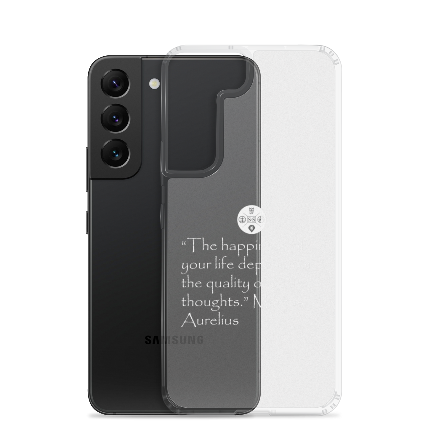 "The Happiness of Your Life Depends Upon the Quality of Your Thoughts" Marcus Aurelius Samsung® Clear Case | Stoic Philosophy Phone Protection